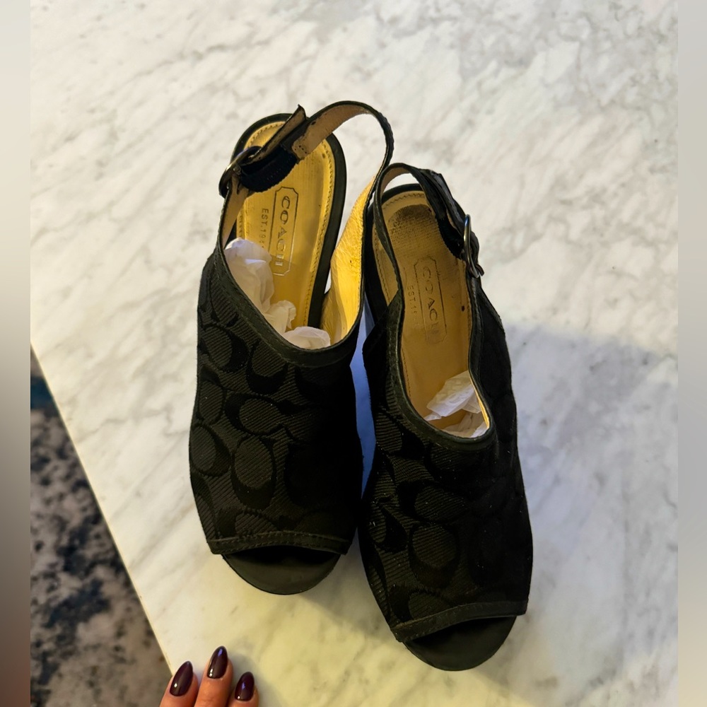 Coach Janet Signature C Platform Wedge Peep
Toe Heels Y2K Black Womens 5B